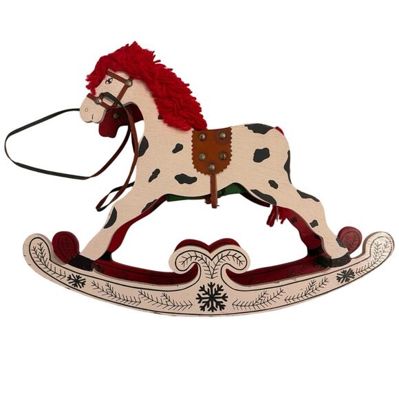 Vtg Wooden Rocking Horse Holiday Decoration 16.5x11" Red/Green Christmas - Picture 1 of 4